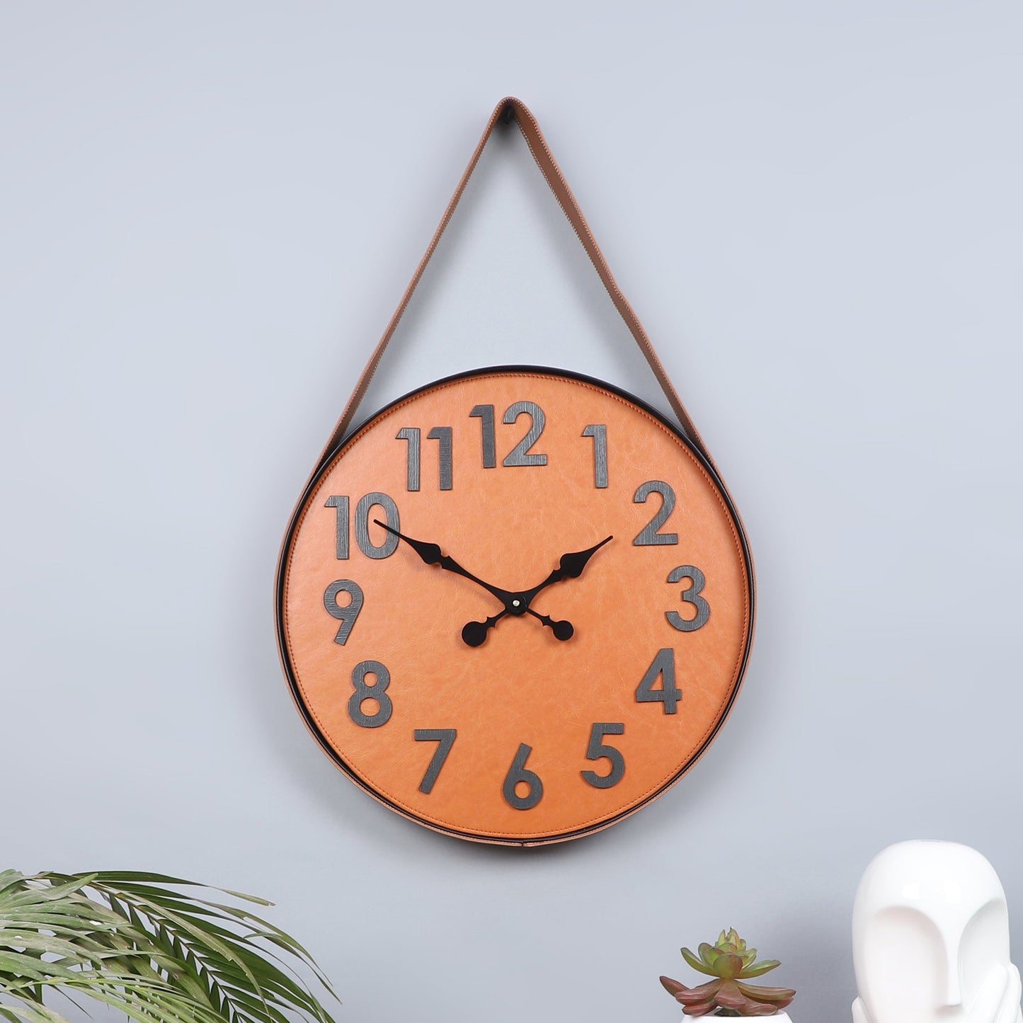 wc3 Leather & Metal Wall Clock In Brown