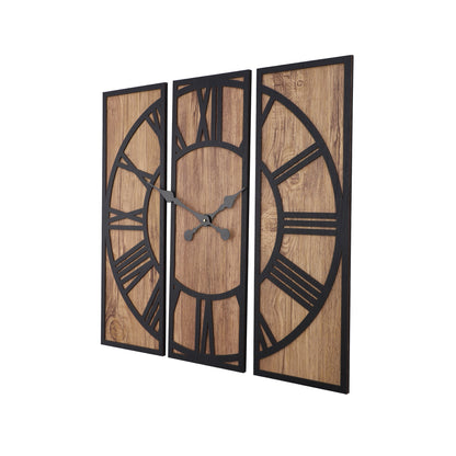 wc4 Brown Three-Piece Wooden Wall Clock with Roman Numerals