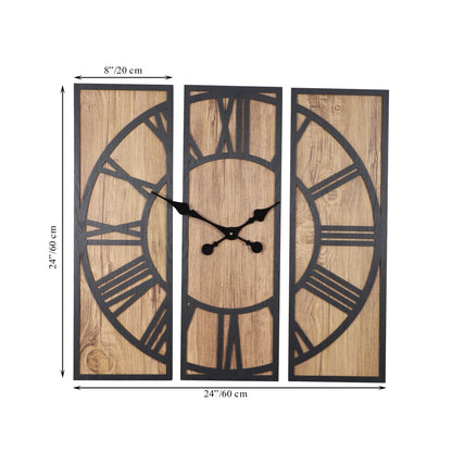 wc4 Brown Three-Piece Wooden Wall Clock with Roman Numerals