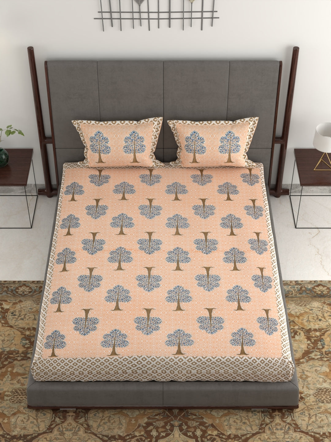 pp704 100% Pure Organic Cotton Fabric Jaipuri Hand Block Printed Jumbo King Size Double Bedsheet with 2 Pillow Covers, 240 TC II