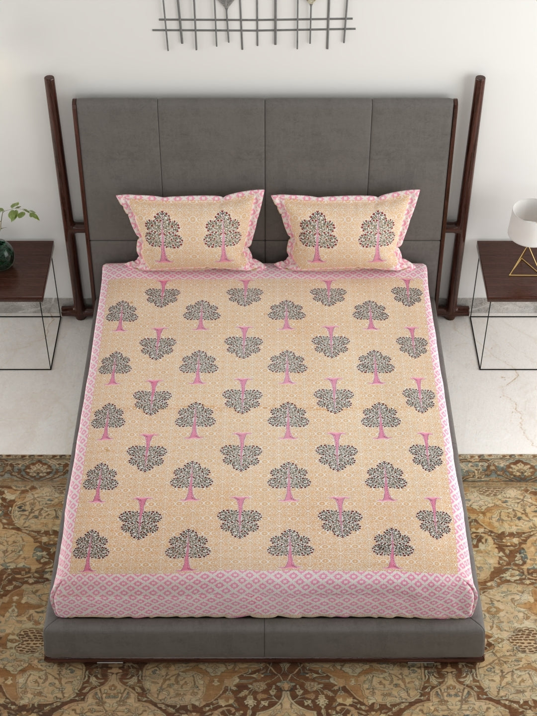 pp705 100% Pure Organic Cotton Fabric Jaipuri Hand Block Printed Jumbo King Size Double Bedsheet with 2 Pillow Covers, 240 TC II