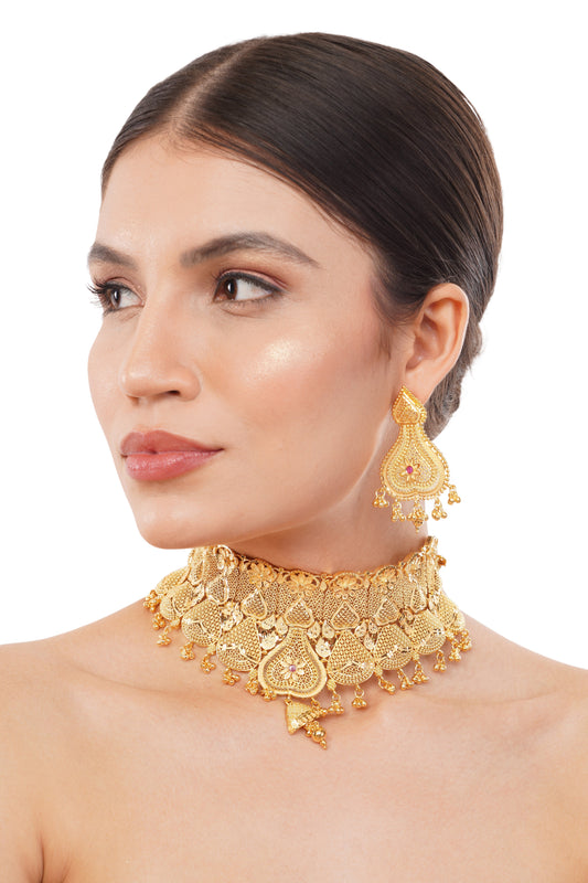 08P13 Vintage Inspired 1Gm Gold Choker Necklace and Earring Set