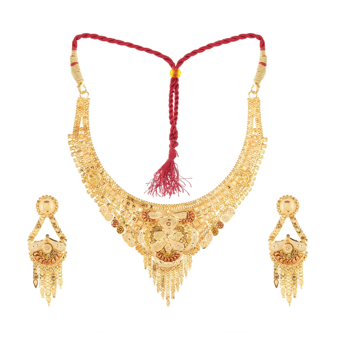 02 Red String 1Gm Gold Necklace and Earring Set