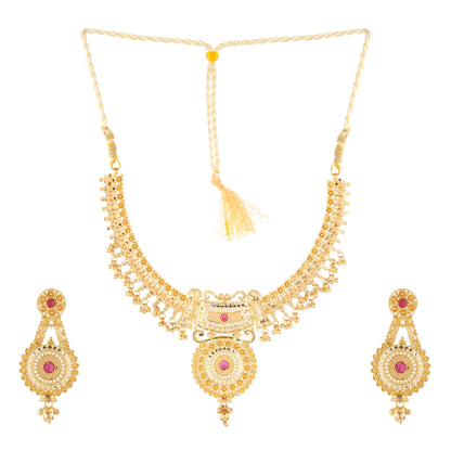 01 Elegant 1Gm Gold Necklace and Earring Set with Ruby Accents