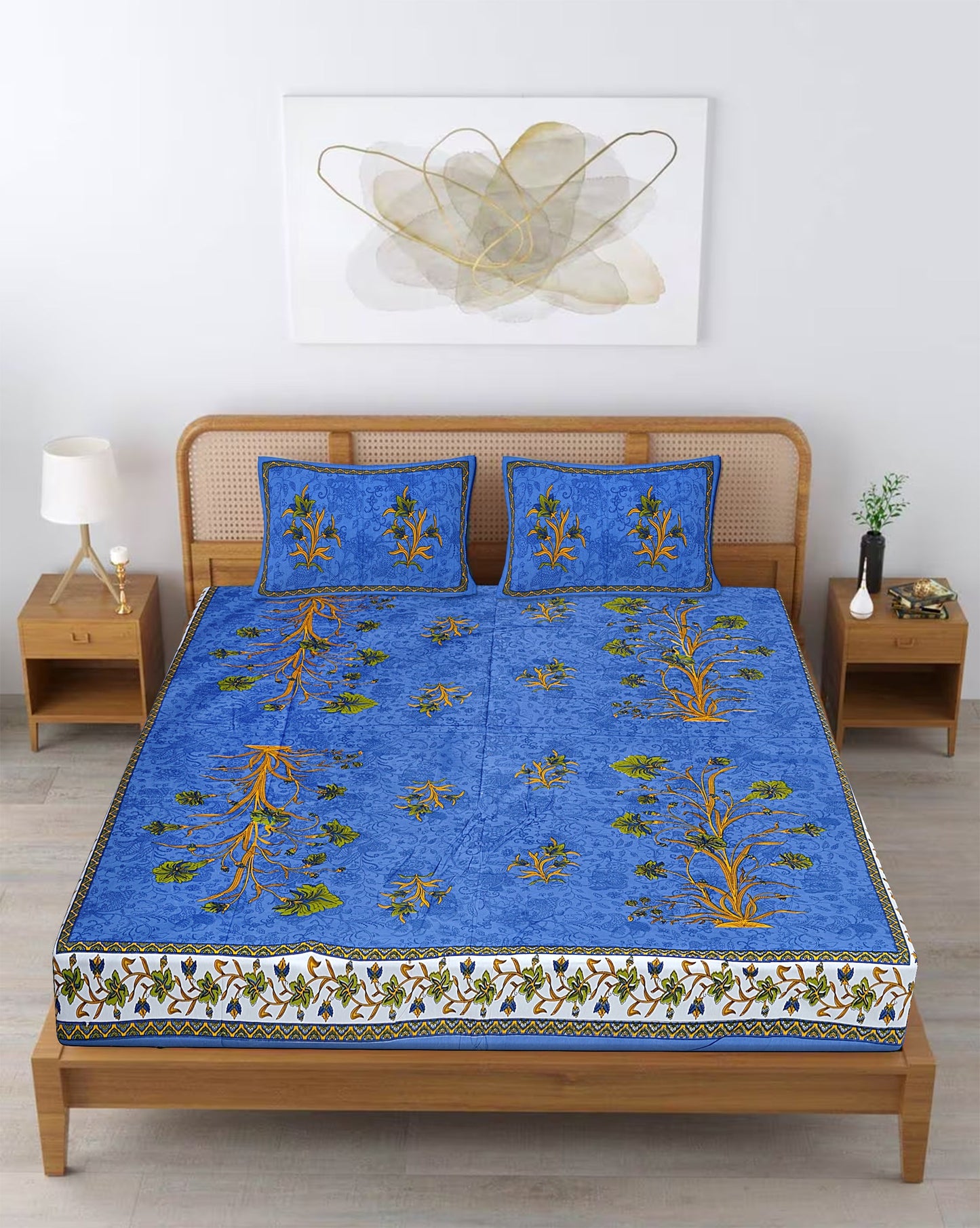 wm500 100% Pure Organic Cotton Fabric Hand Block Printed King Size Double Bedsheet with 2 Pillow Covers, 340 TC II