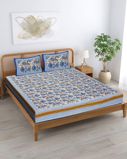 wm502 100% Pure Organic Cotton Fabric Hand Block Printed King Size Double Bedsheet with 2 Pillow Covers, 340 TC II