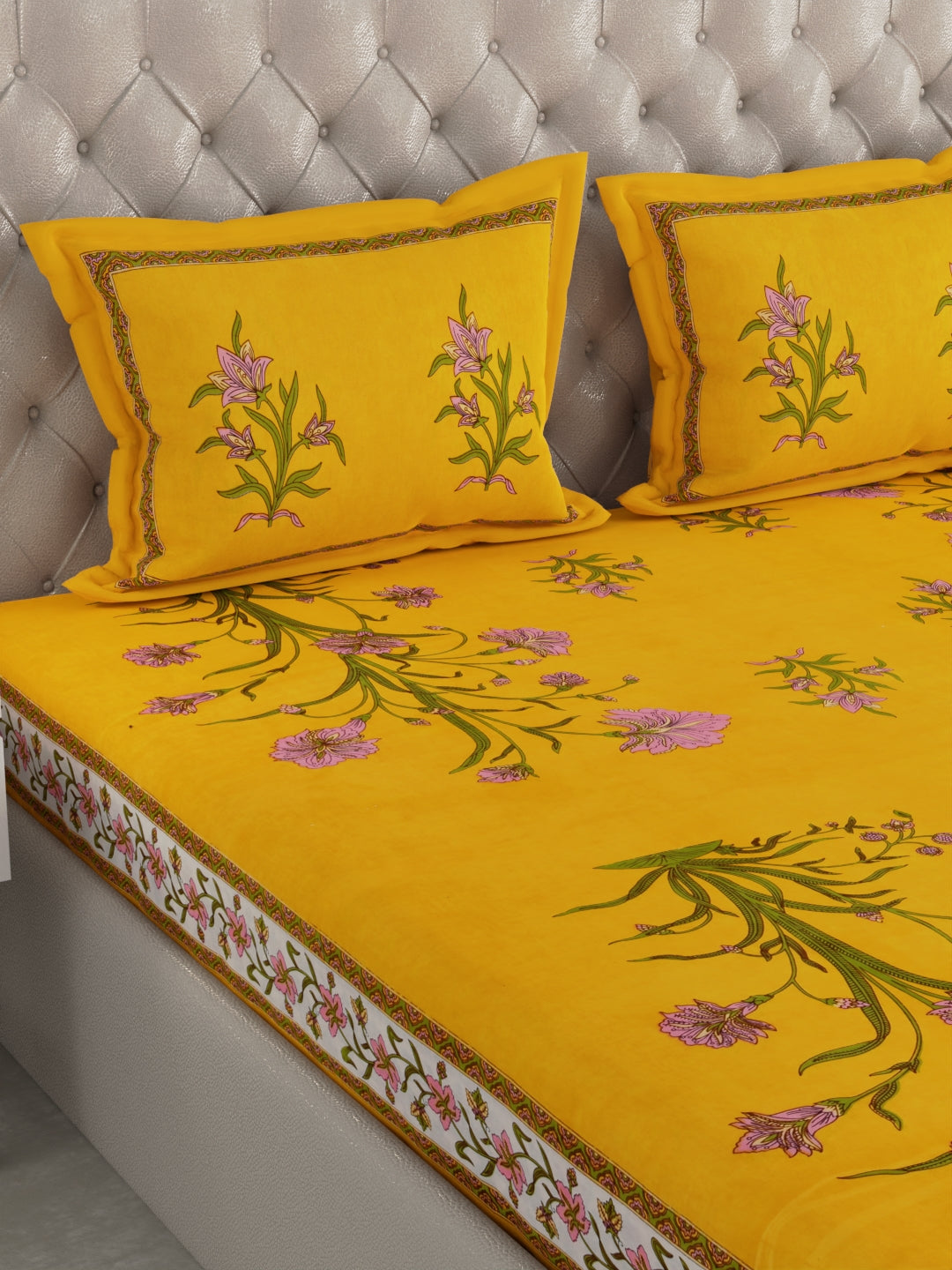 wm506 100% Pure Organic Cotton Fabric Hand Block Printed King Size Double Bedsheet with 2 Pillow Covers, 340 TC II