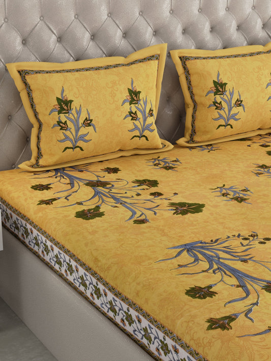 wm507 100% Pure Organic Cotton Fabric Hand Block Printed King Size Double Bedsheet with 2 Pillow Covers, 340 TC II