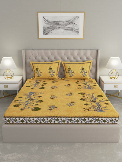 wm507 100% Pure Organic Cotton Fabric Hand Block Printed King Size Double Bedsheet with 2 Pillow Covers, 340 TC II